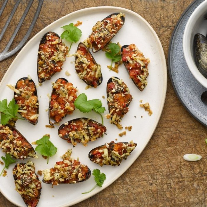 Moules farcies épicées au four